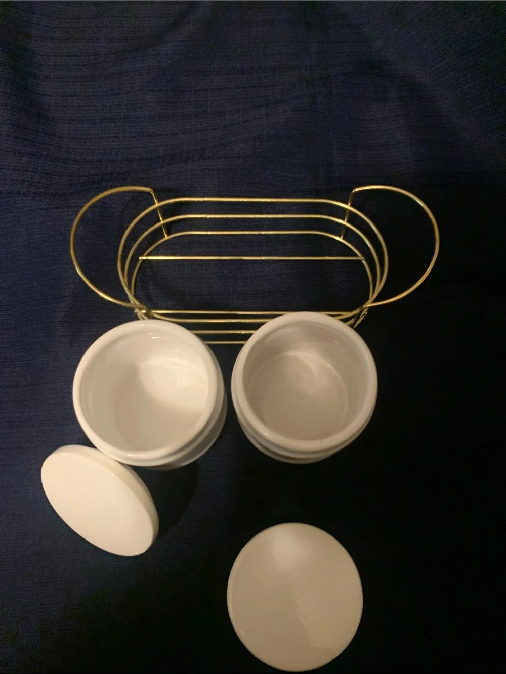 Source Unknown White Ceramic S & P Jars with Gold Wire Carrier